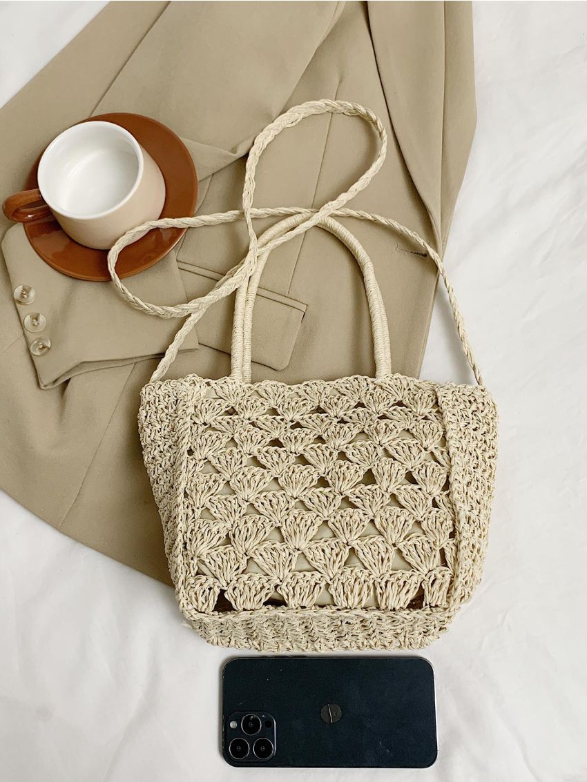 Medium Straw Bag Double Handle Hollow Out Design
