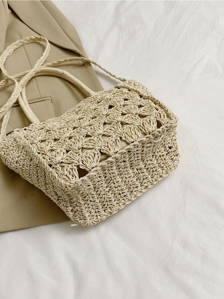 Medium Straw Bag Double Handle Hollow Out Design