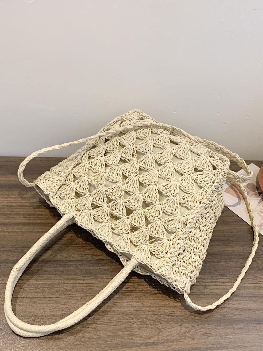 Medium Straw Bag Double Handle Hollow Out Design