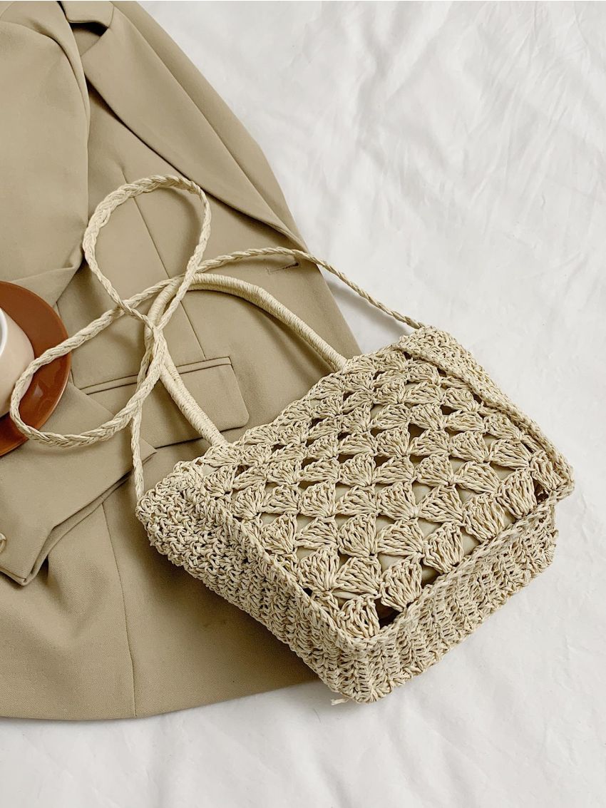 Medium Straw Bag Double Handle Hollow Out Design