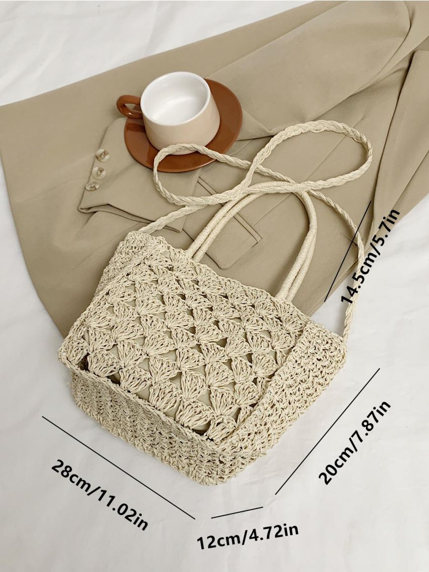 Medium Straw Bag Double Handle Hollow Out Design