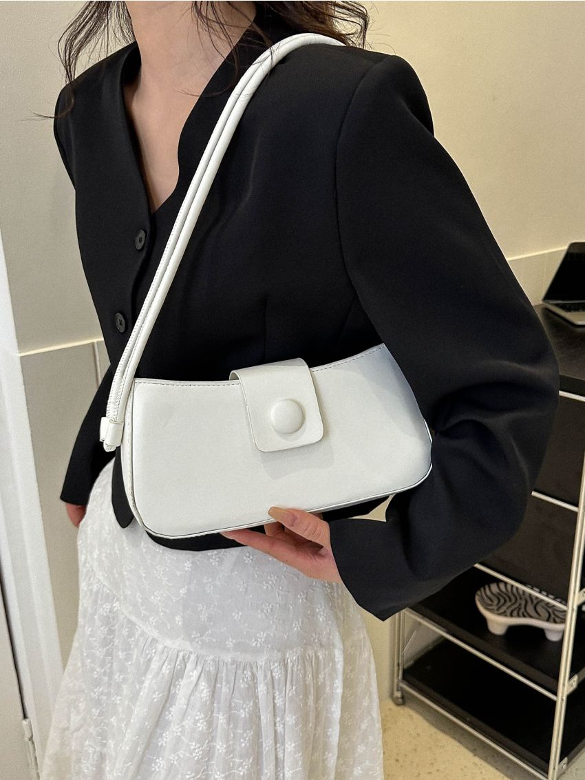 Minimalist Baguette Bag Medium Snap Button White