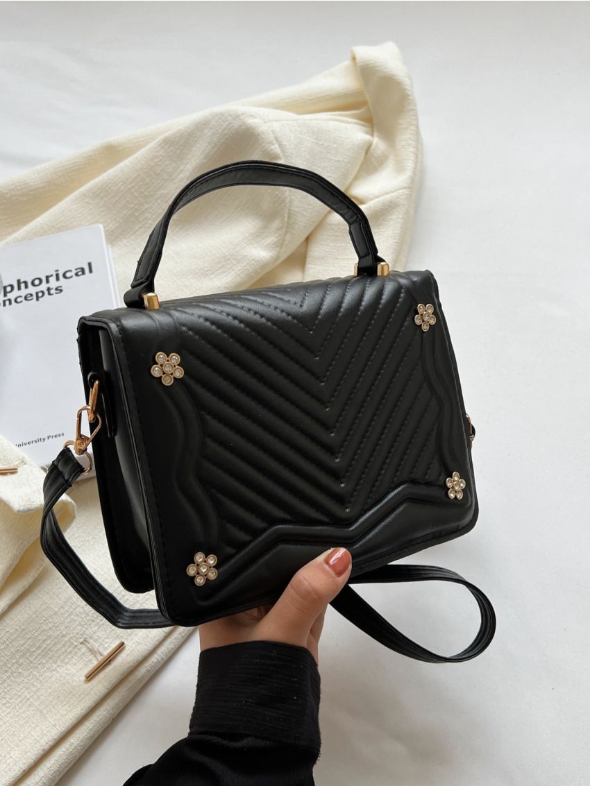 Rhinestone Decor Square Bag Mini Chevron Black