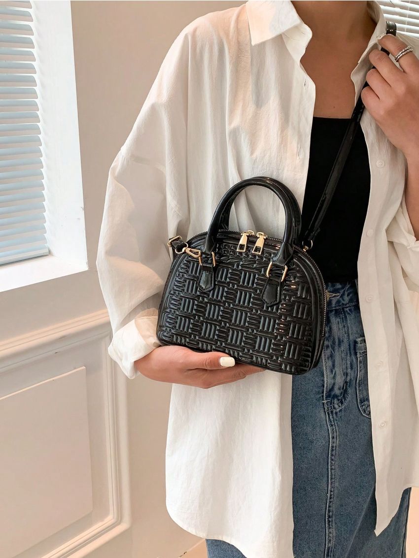 Geometric Embossed Dome Bag Small Double Handle Black
