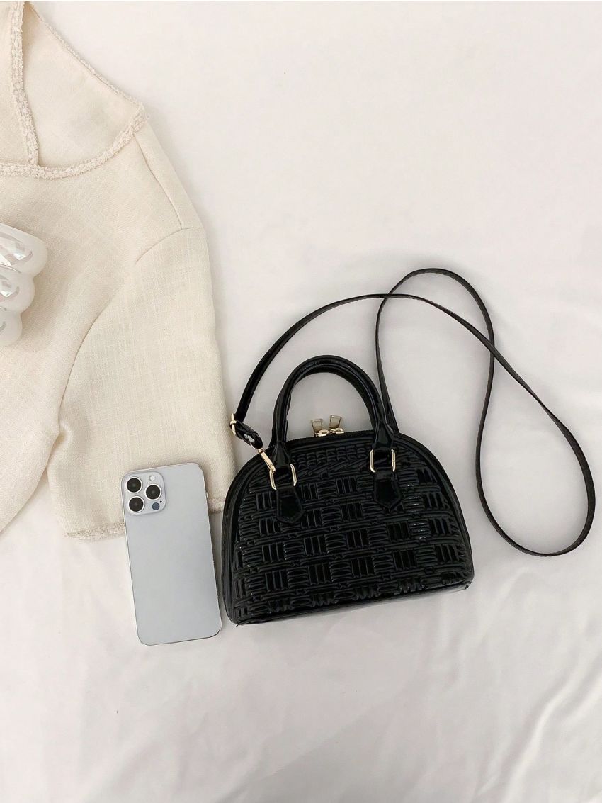 Geometric Embossed Dome Bag Small Double Handle Black