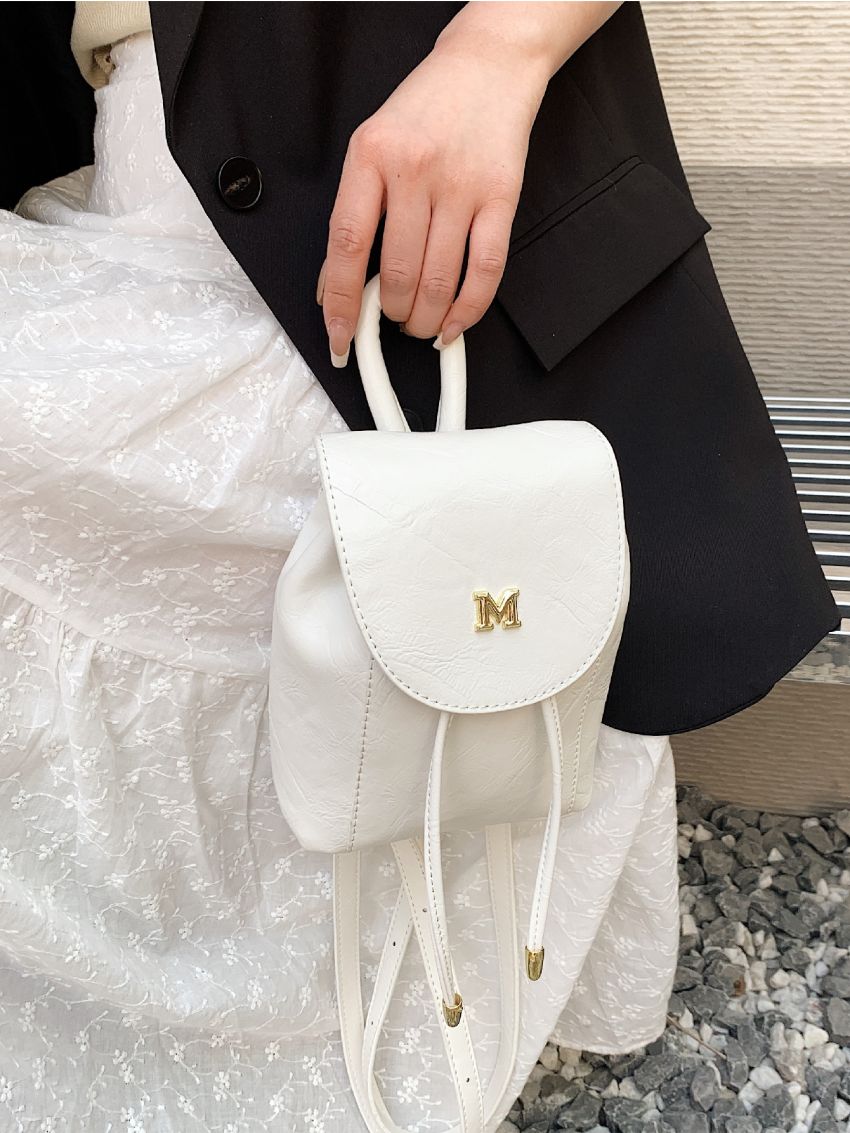 Letter Graphic Flap Backpack Mini White