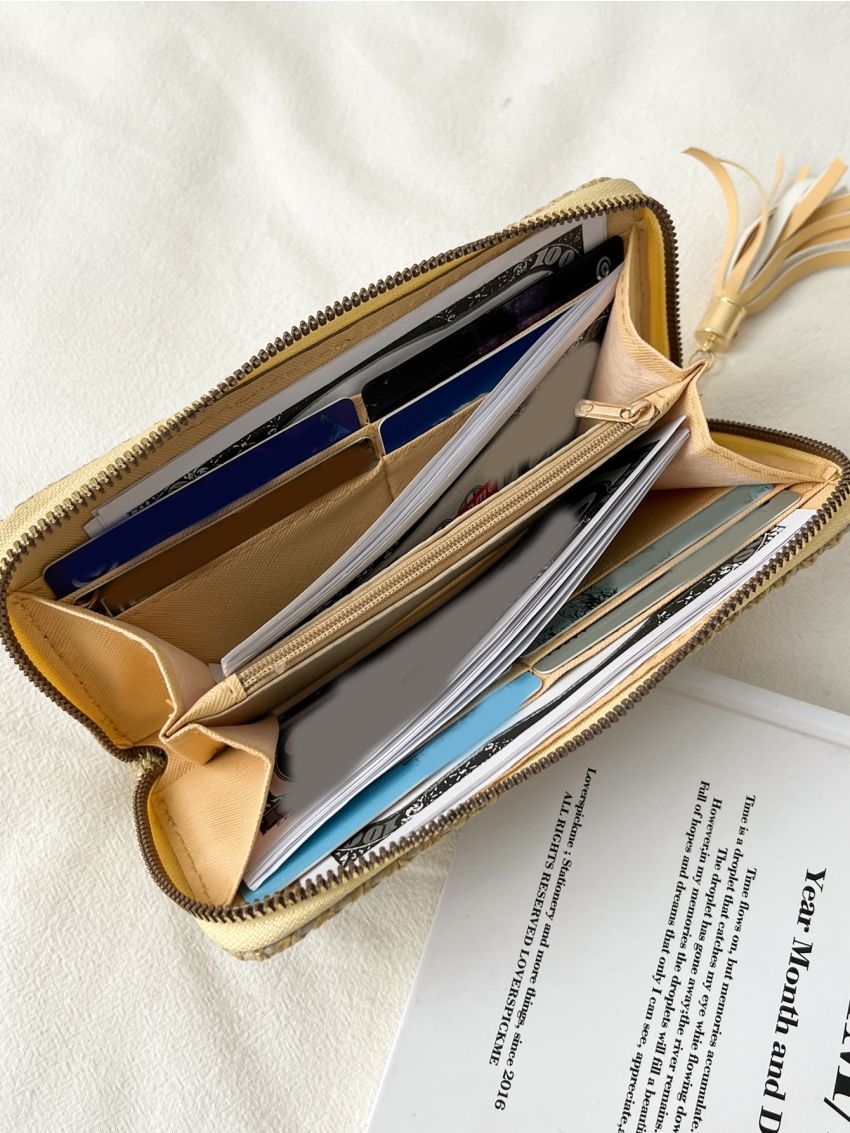 Minimalist Straw Bag Long Wallet Tassel Decor