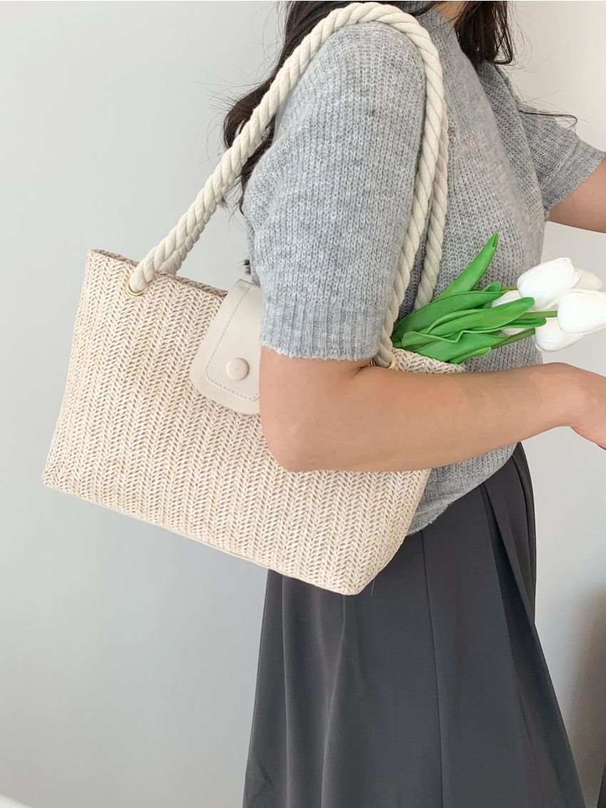 Colorblock Straw Bag Double Handle Vacation