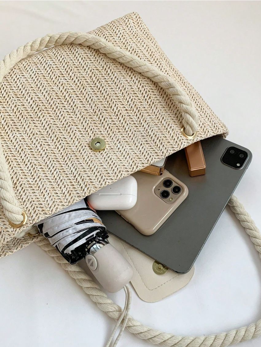 Colorblock Straw Bag Double Handle Vacation