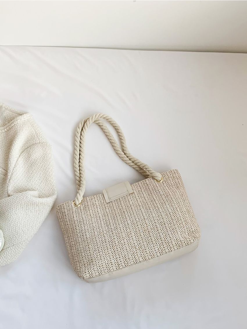 Colorblock Straw Bag Double Handle Vacation