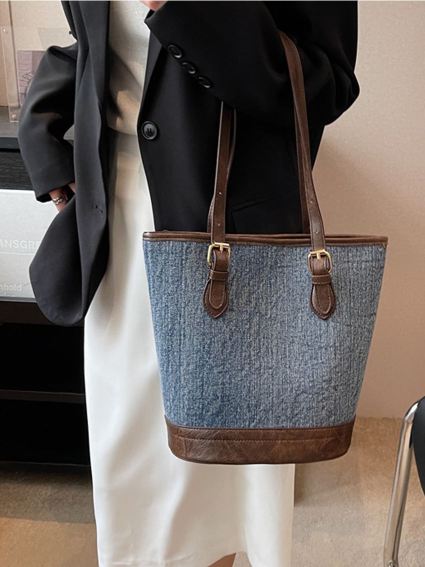 Small Colorblock Shoulder Tote Bag Denim Double Handle For Daily