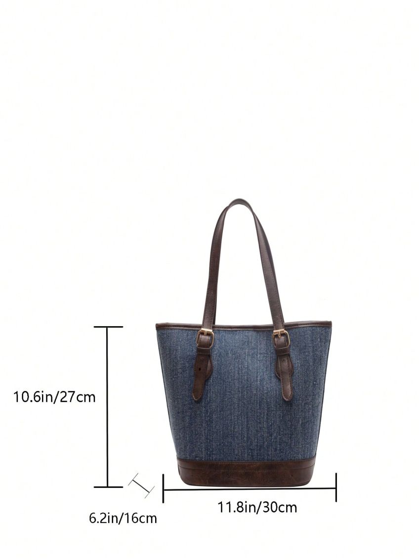 Small Colorblock Shoulder Tote Bag Denim Double Handle For Daily