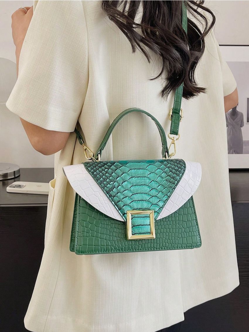 Crocodile Embossed Square Bag Colorblock Flap Top Handle