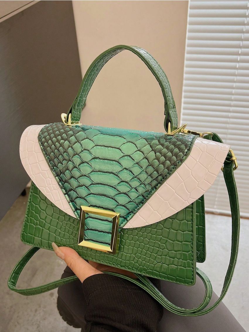 Crocodile Embossed Square Bag Colorblock Flap Top Handle