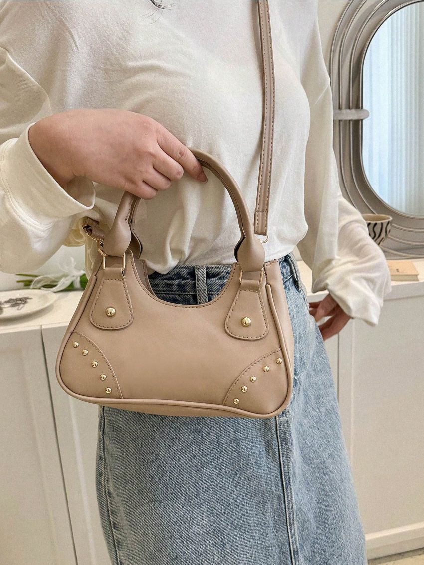 Small Hobo Bag Studded Decor Double Handle For Daily