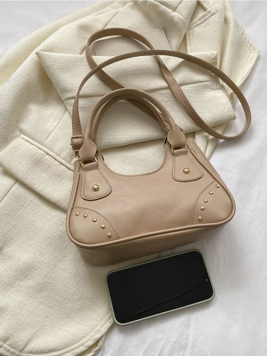 Small Hobo Bag Studded Decor Double Handle For Daily