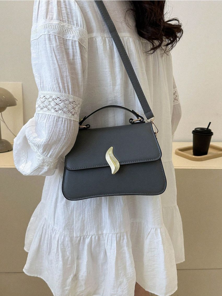 Small Square Bag Gray Metal Decor Flap Top Handle For Work