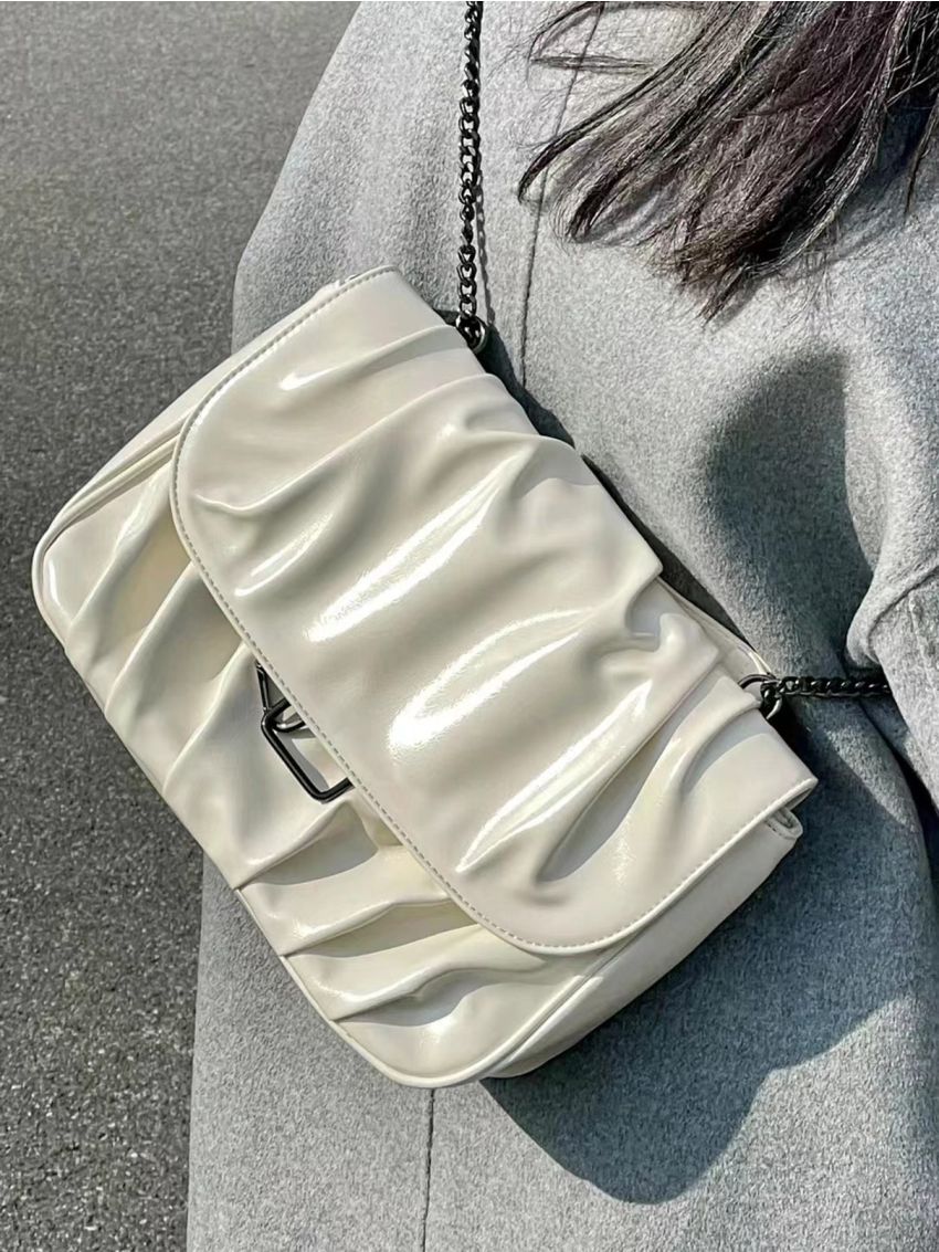 Beige Square Bag Ruched Detail Chain Decor Flap For Daily