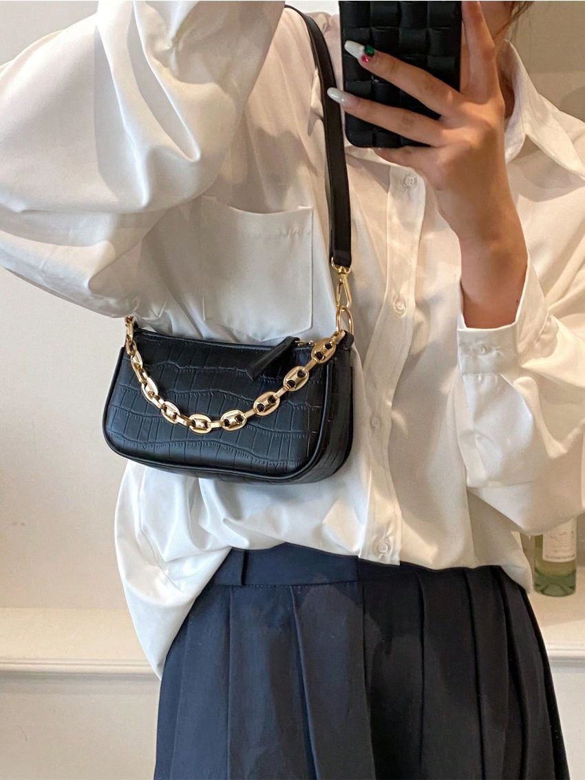 Mini Crocodile Embossed Square Bag Black Chain Decor For Daily