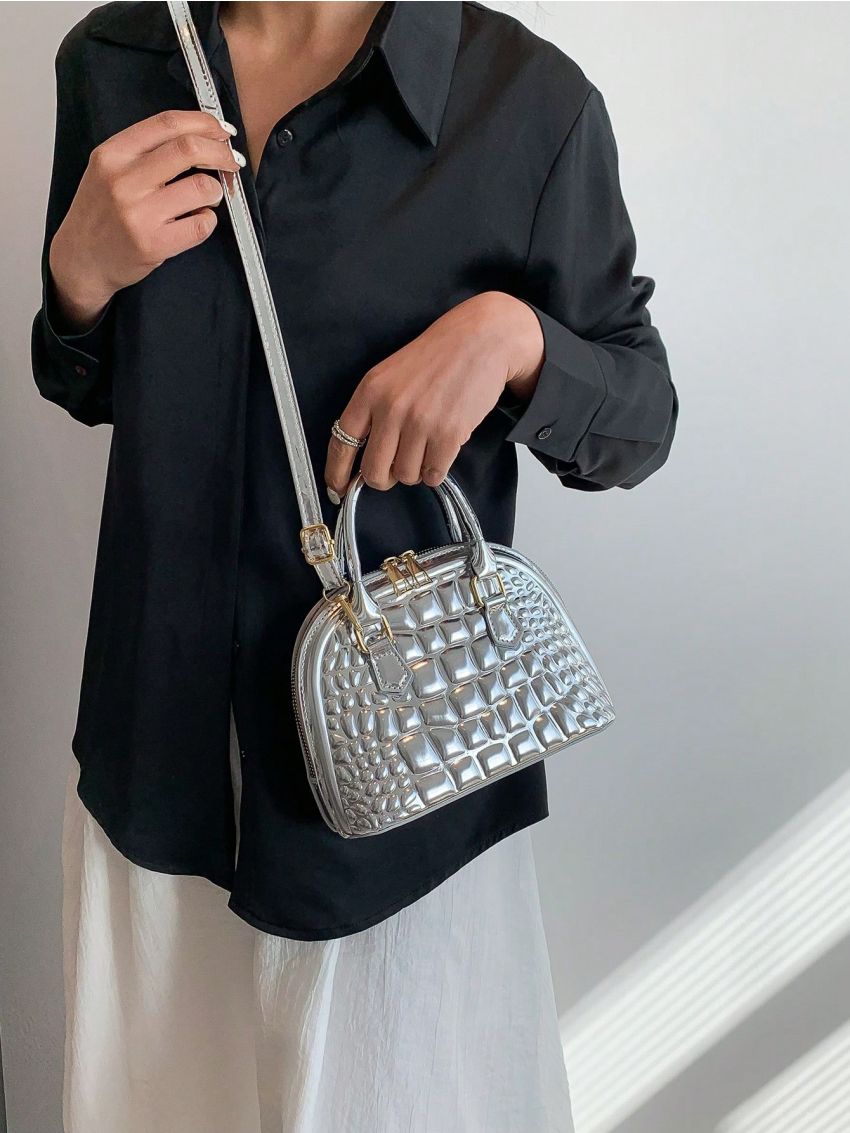 Small Dome Bag Crocodile Embossed Metallic Funky