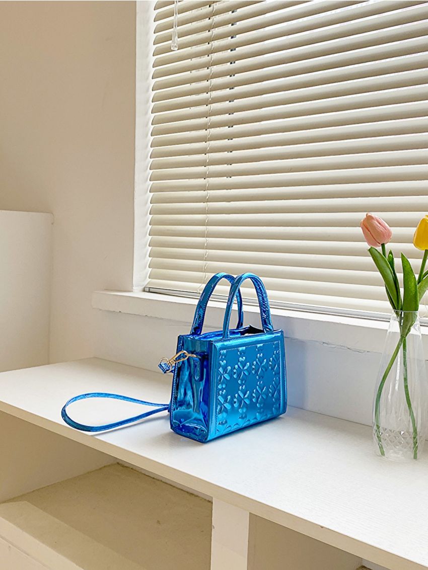 Mini Square Bag Funky Metallic Heart Embossed Double Handle PU