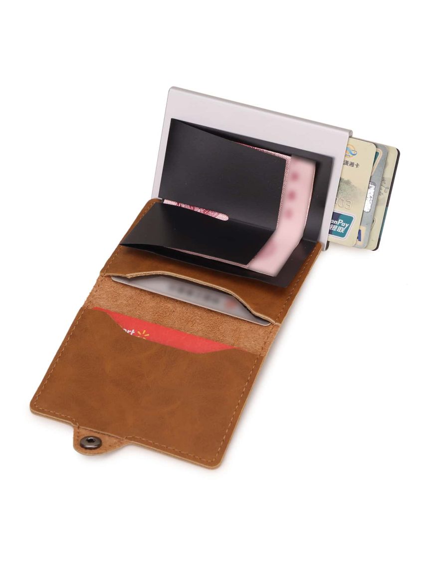 Trifold RFID Pop Out Card Holder With Snap Button PU Card Slot