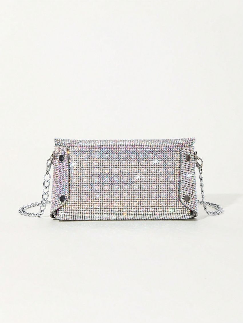 Mini Rhinestone Decor Square Bag Flap Chain Strap For Party