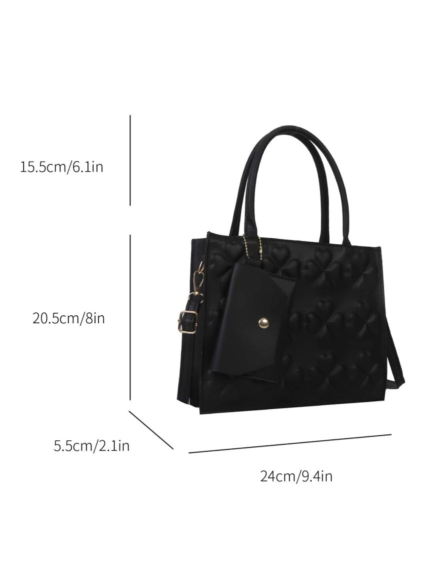 Four-leaf Clover Textured Square Bag With Coin Purse Double Handle Black PU