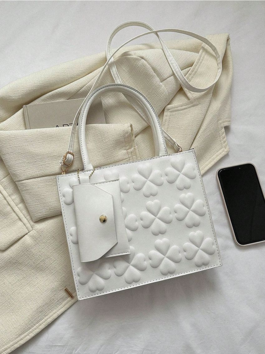 Four-leaf Clover Textured Square Bag With Coin Purse Double Handle White PU