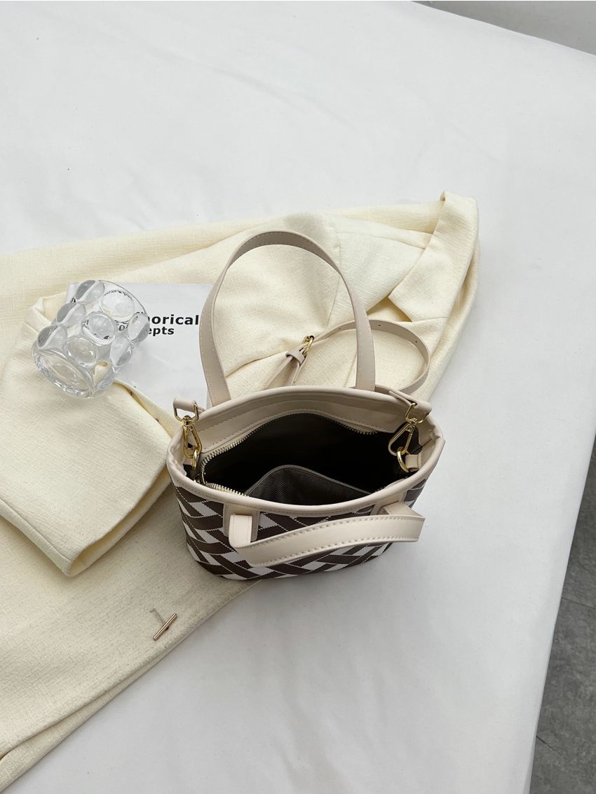 Small Bucket Bag Geometric Pattern Double Handle Studded Detail
