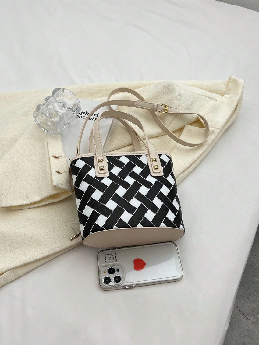 Small Bucket Bag Geometric Pattern Double Handle Studded Detail