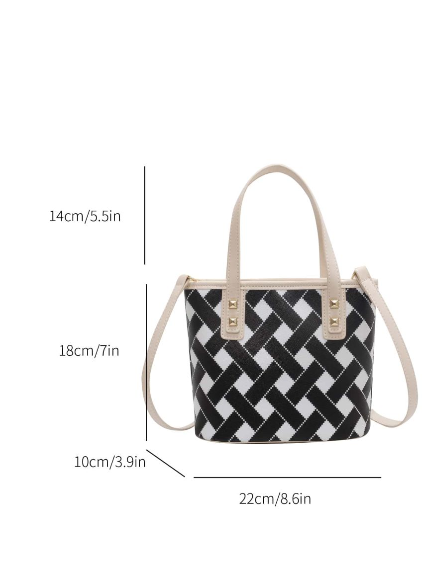 Small Bucket Bag Geometric Pattern Double Handle Studded Detail