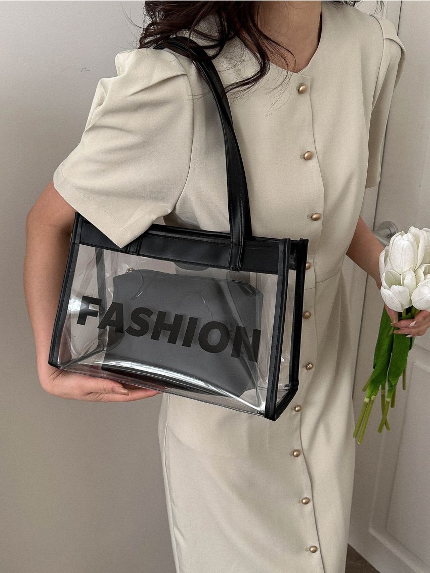 Clear Design Shoulder Tote Bag Letter Pattern With Inner Pouch