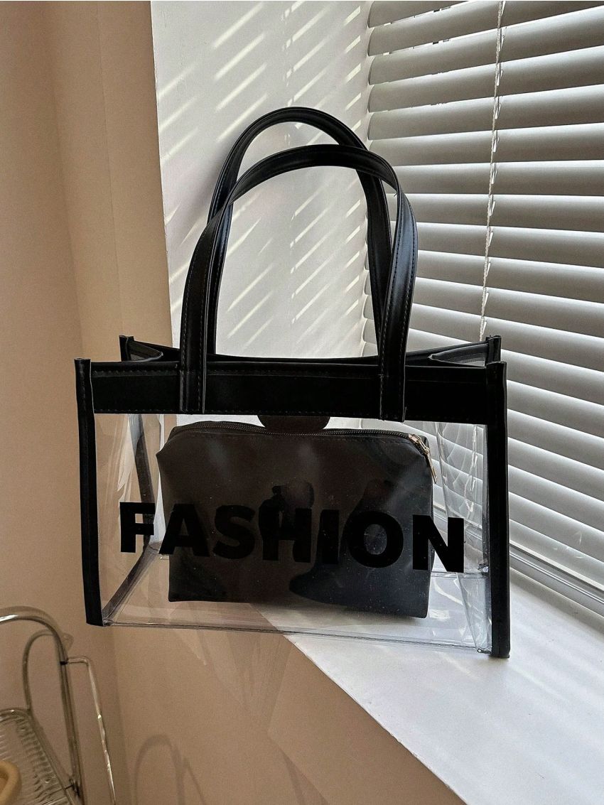 Clear Design Shoulder Tote Bag Letter Pattern With Inner Pouch