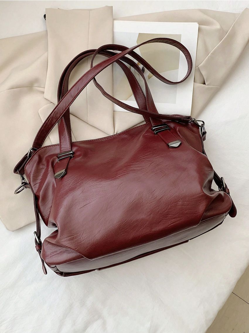 Medium Tote Bag Metal Detail Double Handle Solid Color