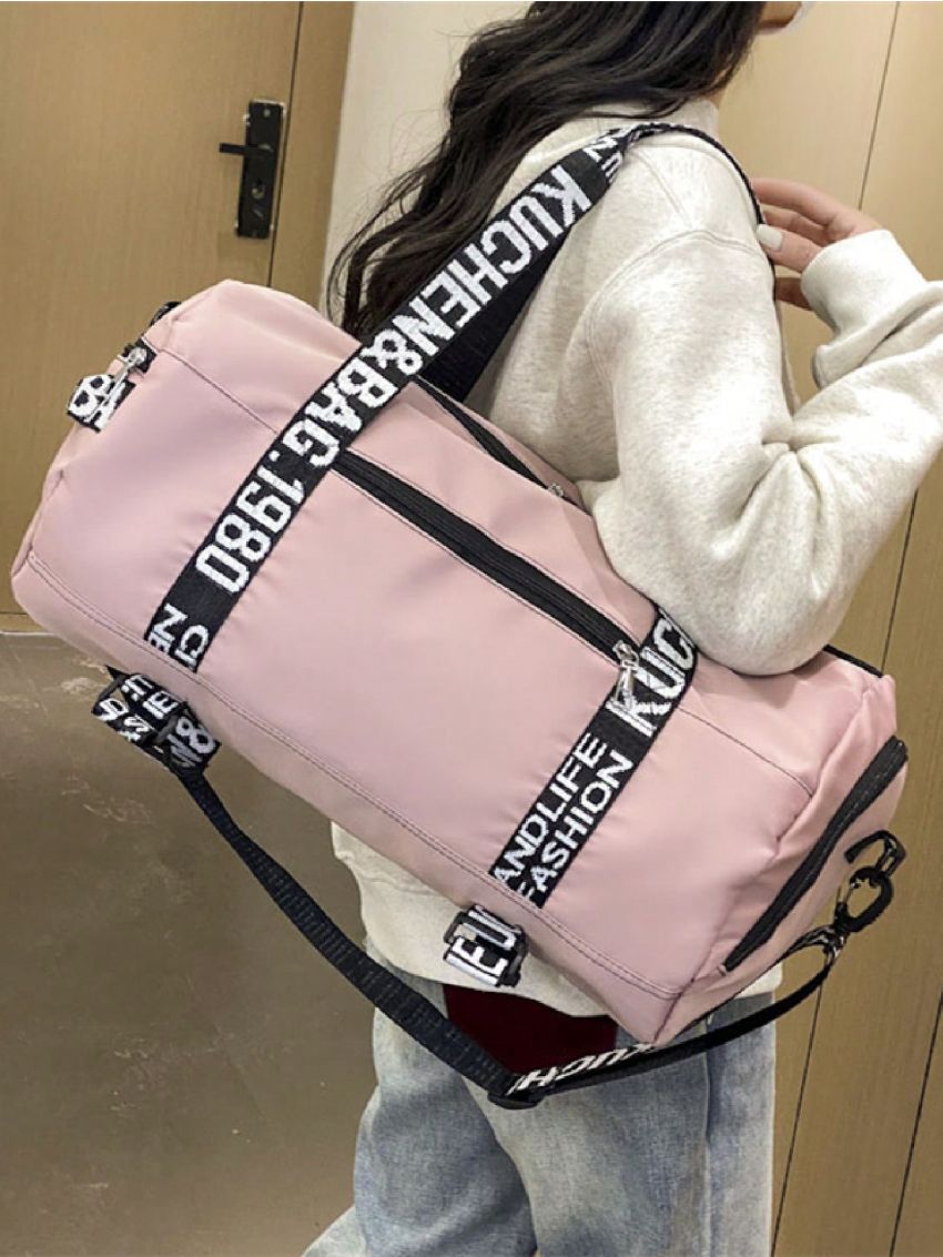 Pink Duffel Bag Letter Pattern Double Handle Gym Bag For Sport & Travel