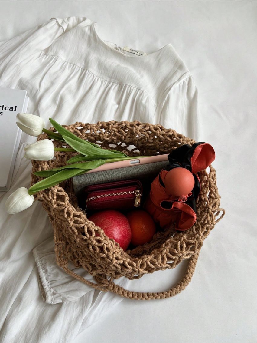 Medium Straw Bag Double Handle Hollow Out