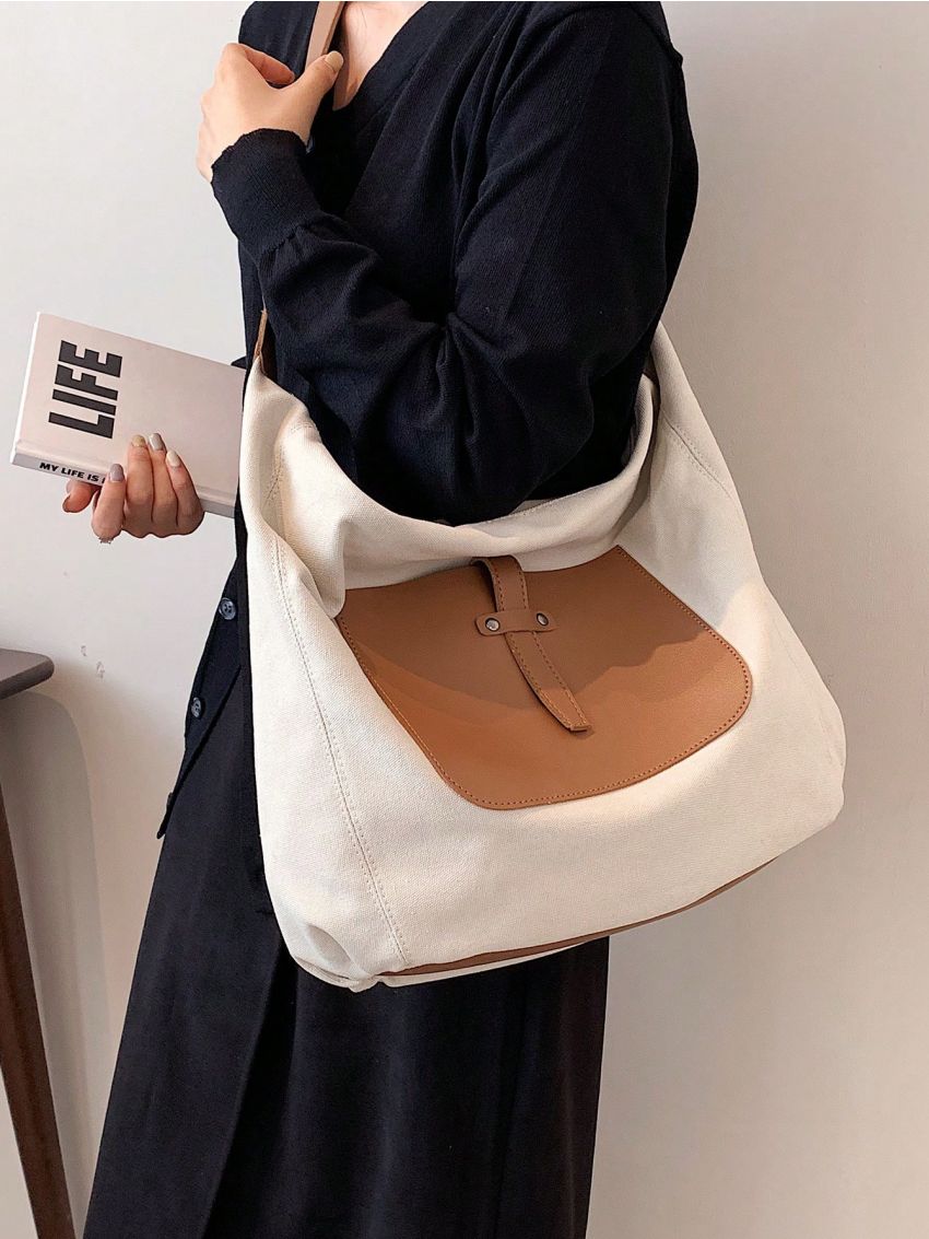 Colorblock Hobo Bag Oversized Canvas Zipper