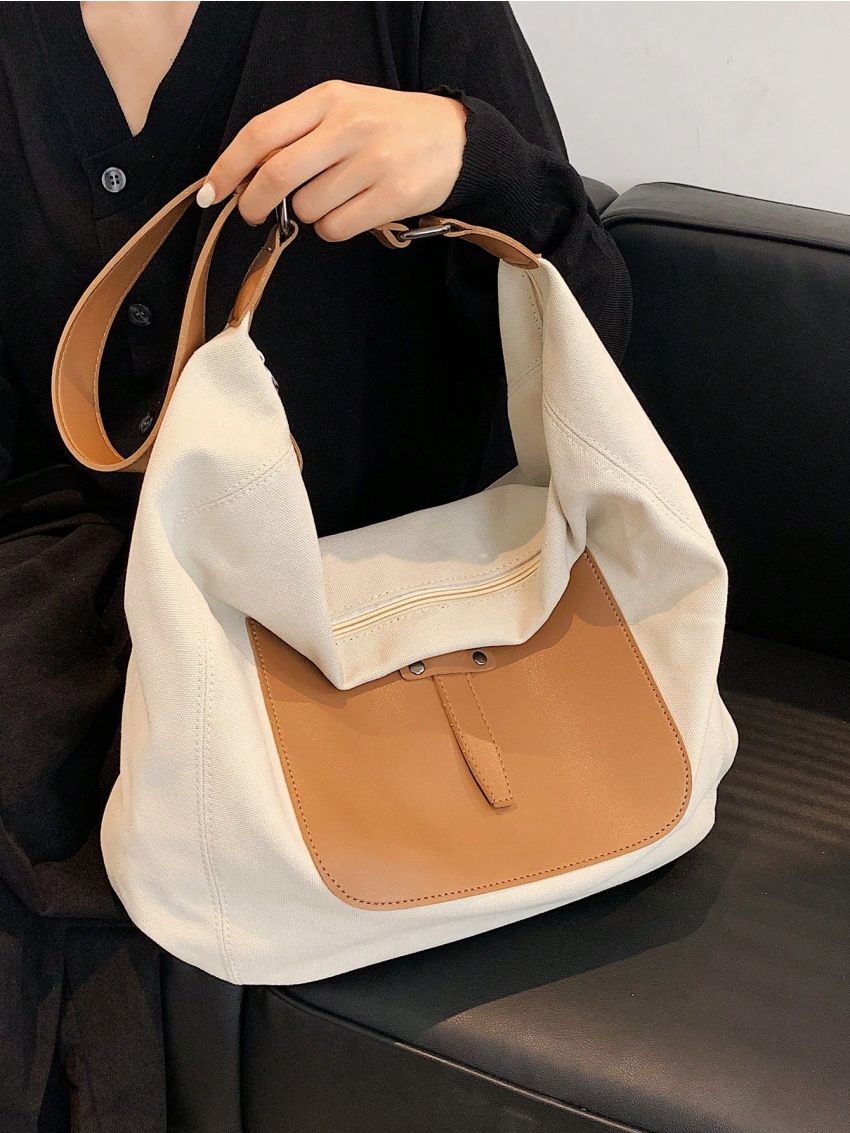 Colorblock Hobo Bag Oversized Canvas Zipper