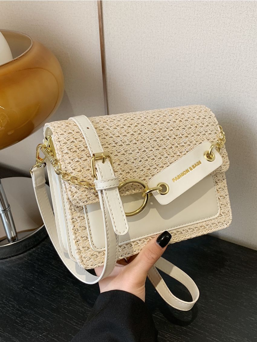 Mini Flap Straw Bag Letter Patch & Chain Decor