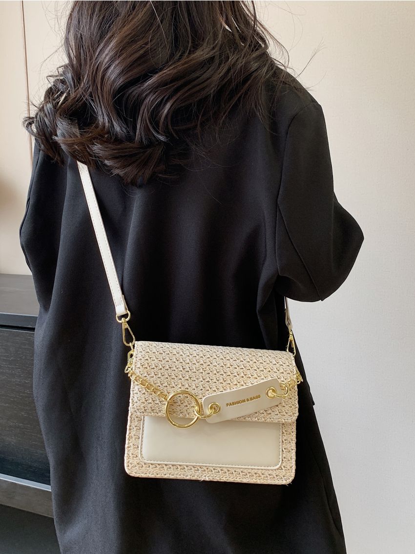 Mini Flap Straw Bag Letter Patch & Chain Decor