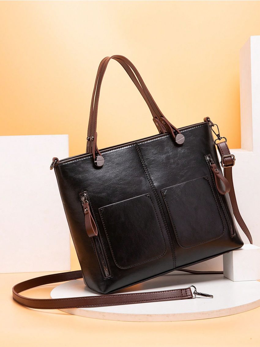 Minimalist Shoulder Tote Bag Small Zipper Vintage