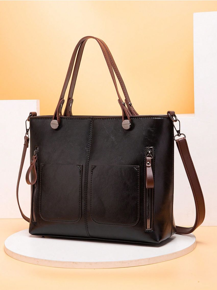 Minimalist Shoulder Tote Bag Small Zipper Vintage