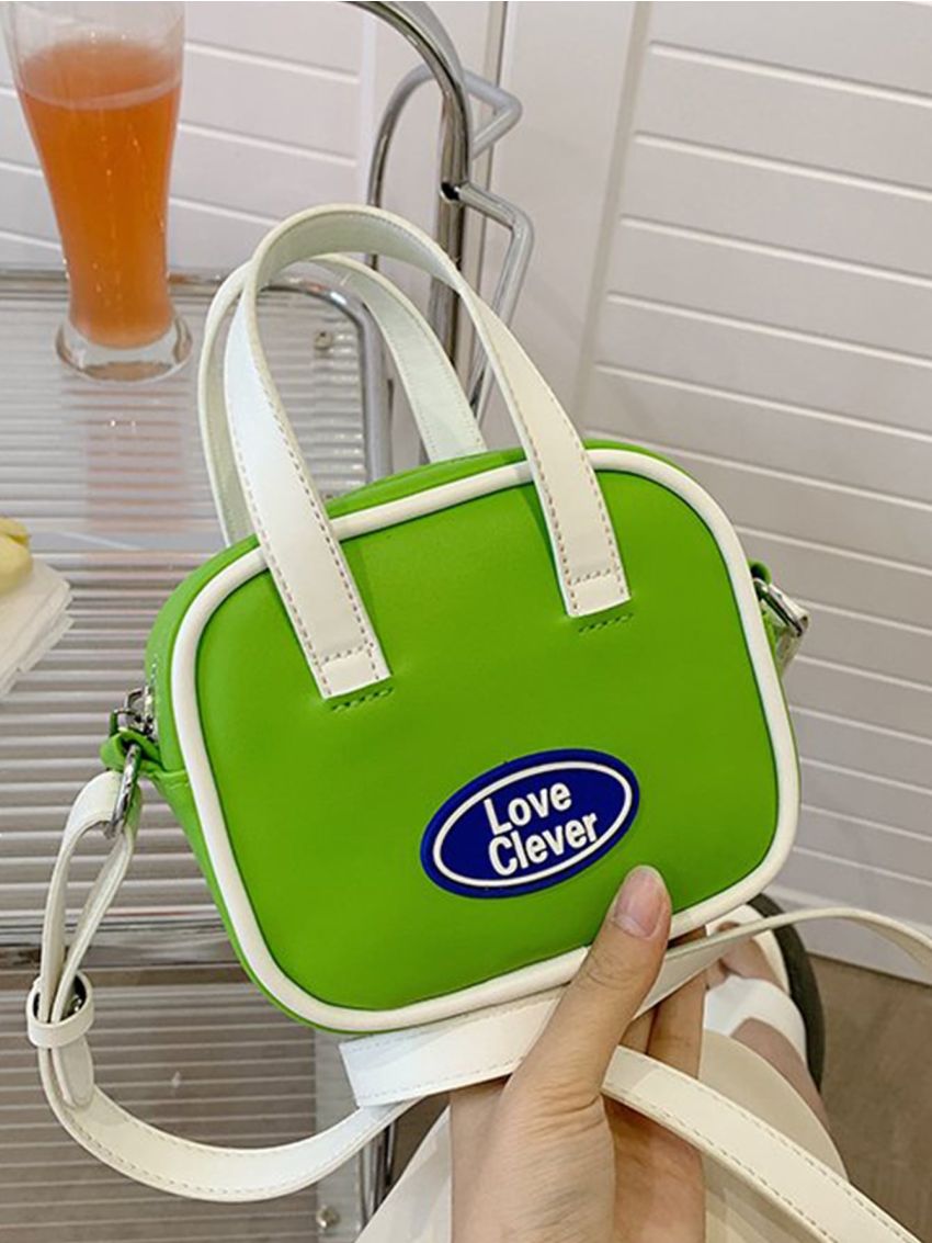 Mini Square Bag Letter Patch Decor Contrast Binding