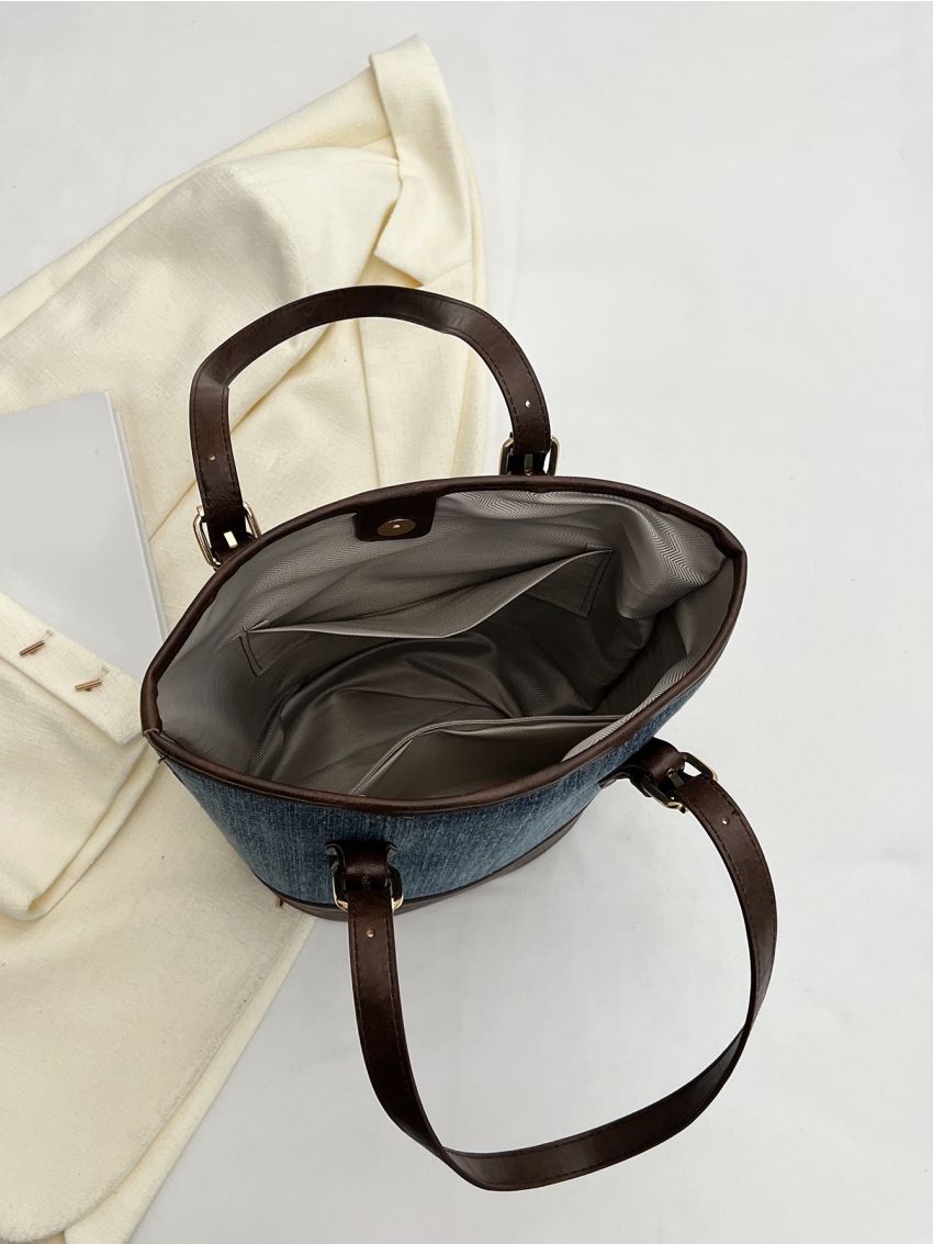 Small Bucket Bag Colorblock Denim Double Handle