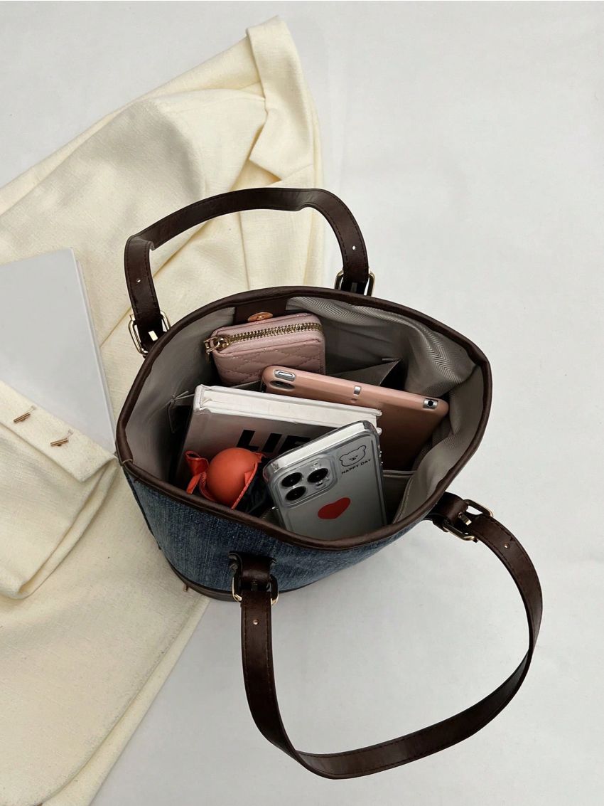 Small Bucket Bag Colorblock Denim Double Handle