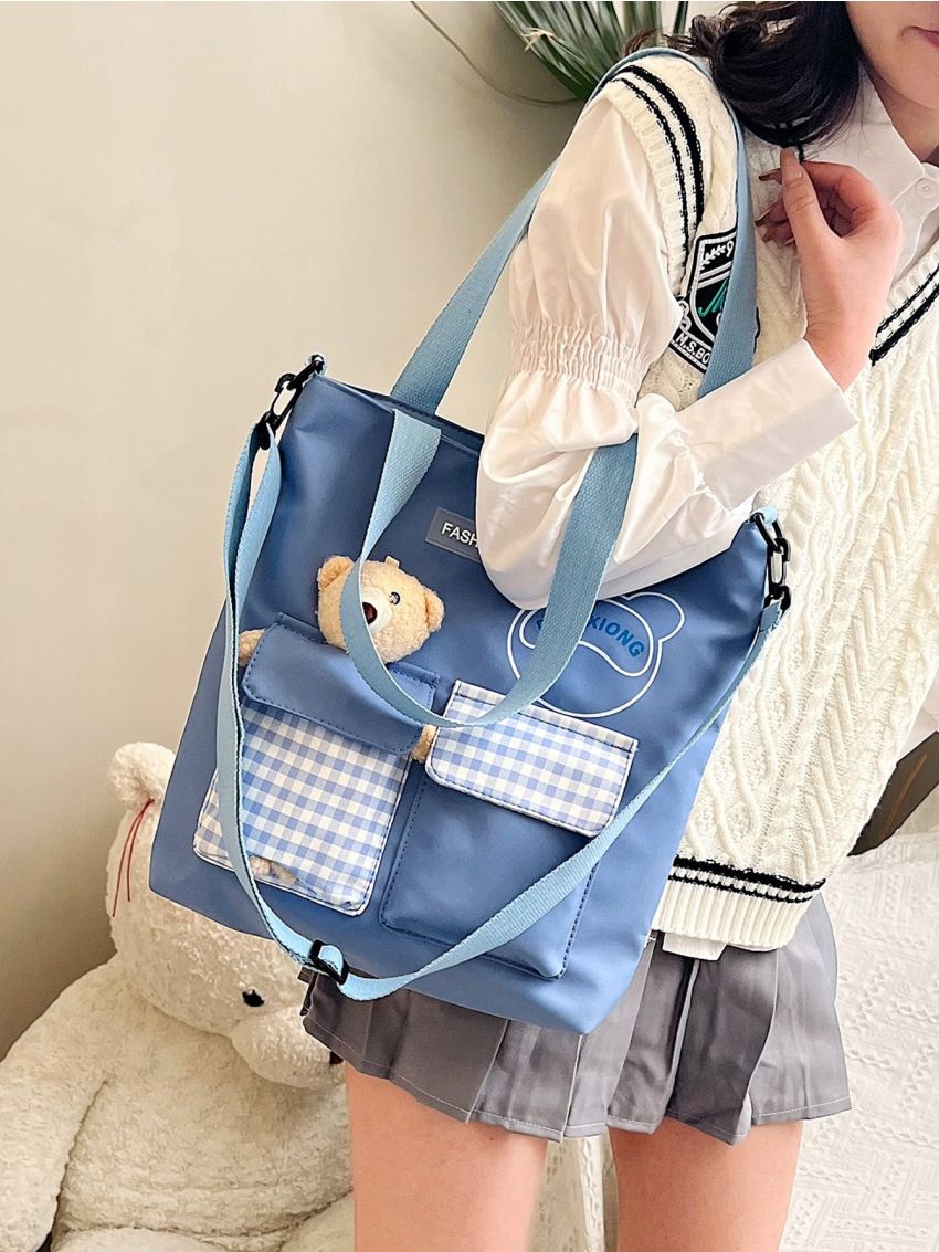 Gingham Detail Shopper Bag Letter Patch & Cartoon Bear Decor