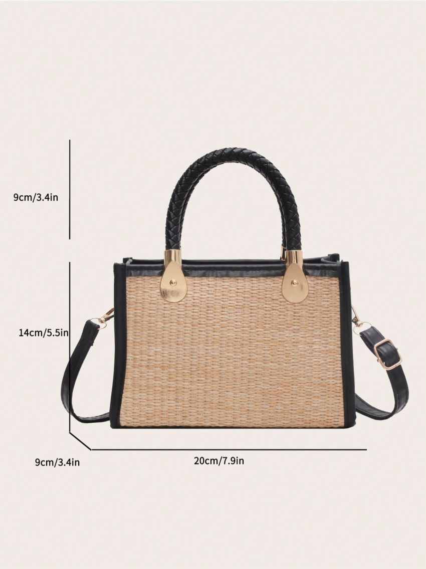 Mini Straw Bag Braided Detail Contrast Binding Zipper