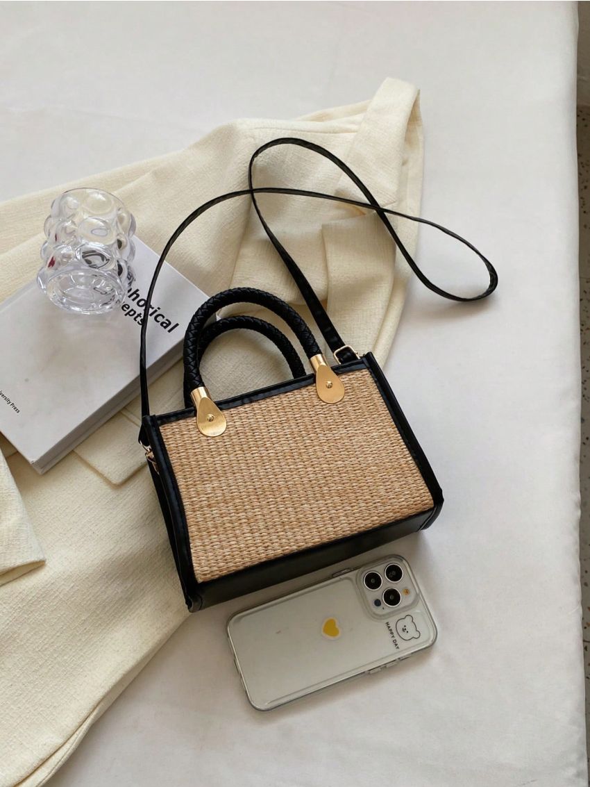 Mini Straw Bag Braided Detail Contrast Binding Zipper