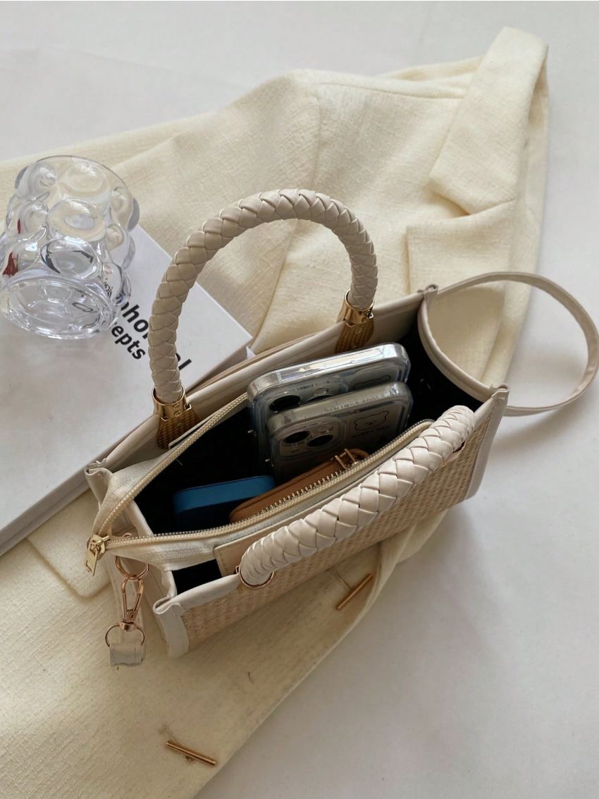 Mini Straw Bag Braided Detail Contrast Binding Zipper, Mothers Day Gift For Mom